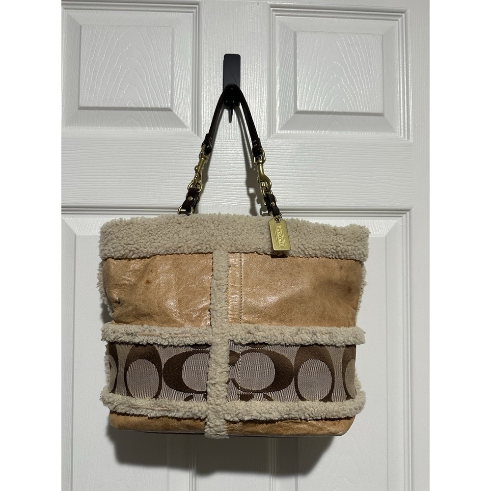 Vintage Coach Whiskey Leather And Shearling Signature Tote